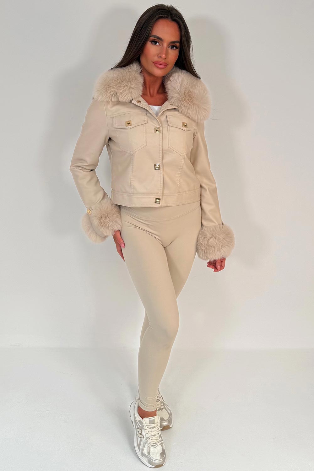 faux fur cuff faux fur collar faux leather bomber jacket with gold buttons for womens styled up