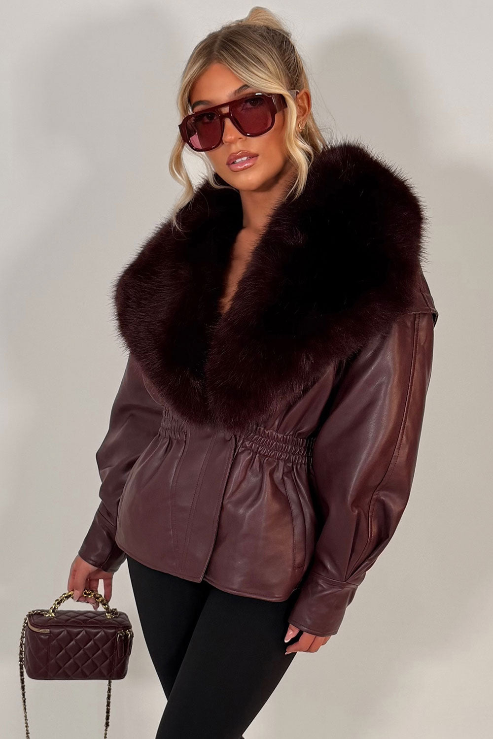 faux fur faux leather jacket burgundy styledup uk