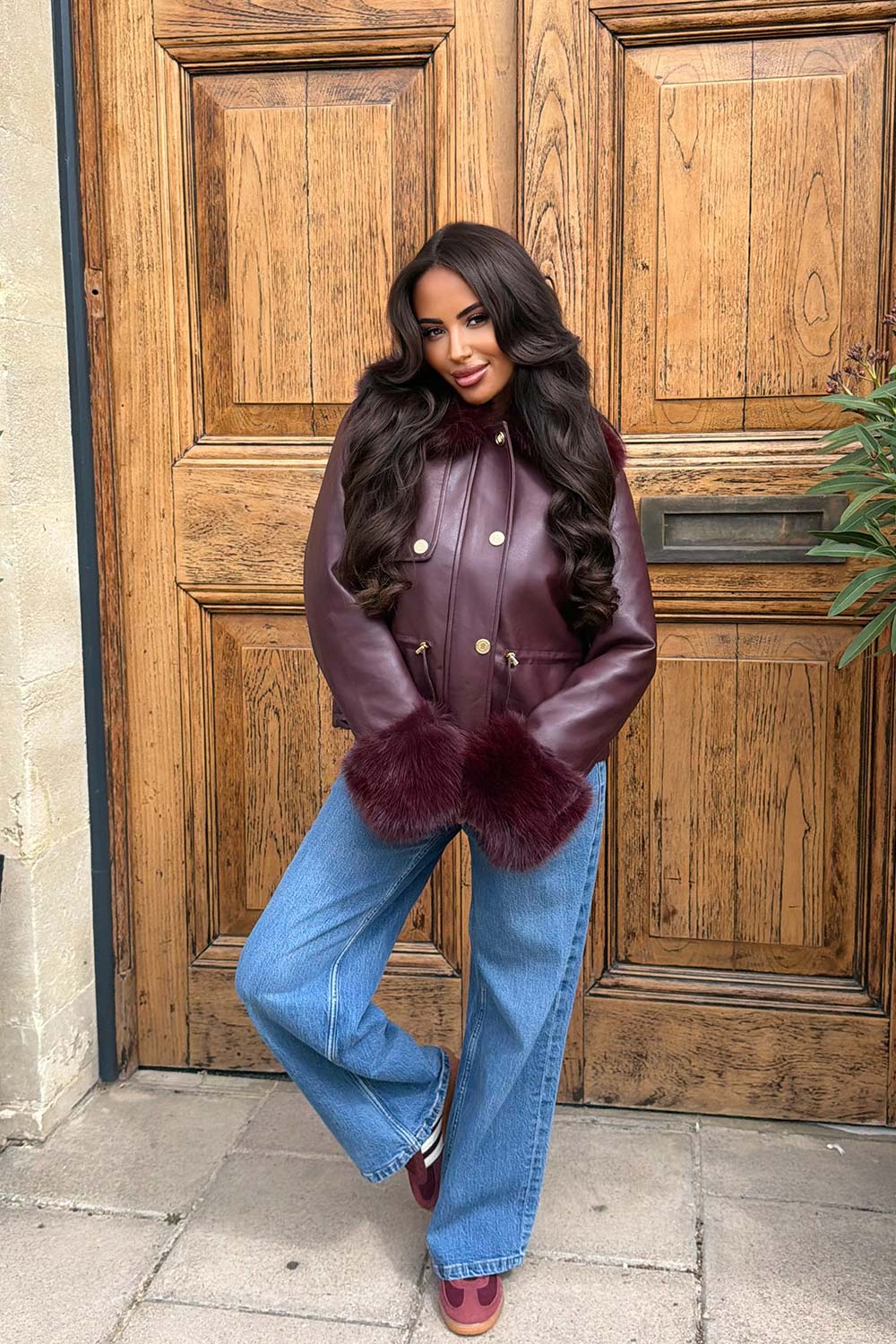 faux fur cuff faux fur collar leather lookjacket with adjustable drawstring waist winter outerwear trendy coats and jackets for womens styledup uk