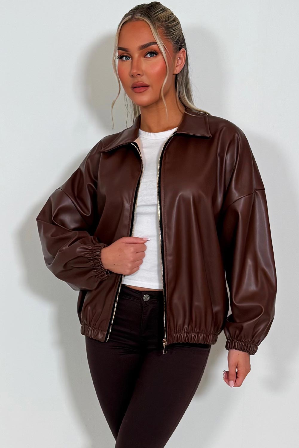 womens faux leather bomber jacket with collar and zip fastening zara uk