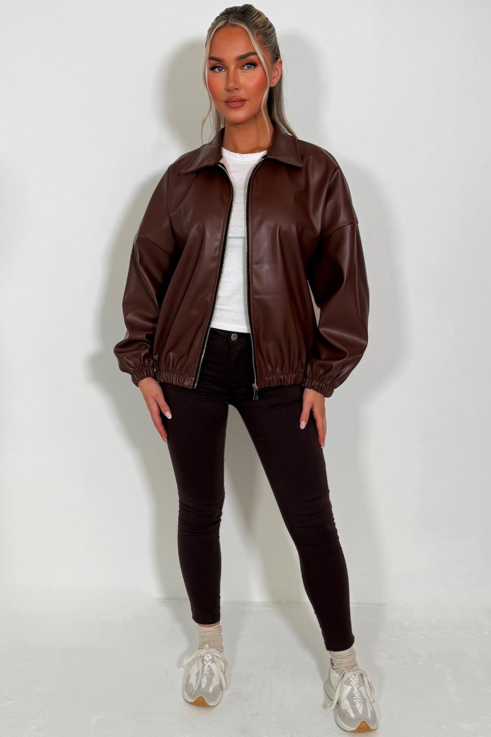 womens long sleeve vegan leather bomber jacket zara uk
