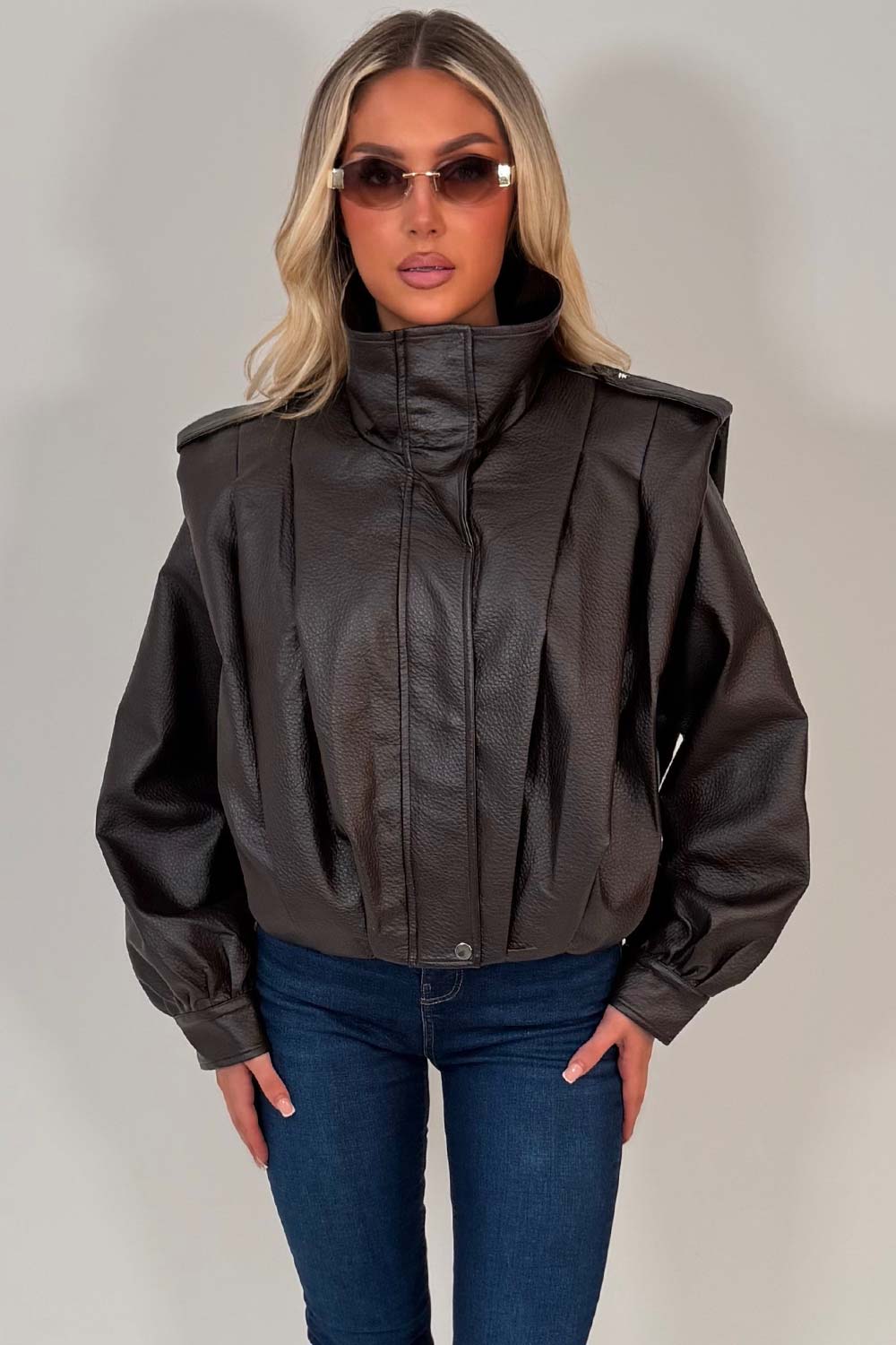 brown faux leather bomber jacket womens uk styledup