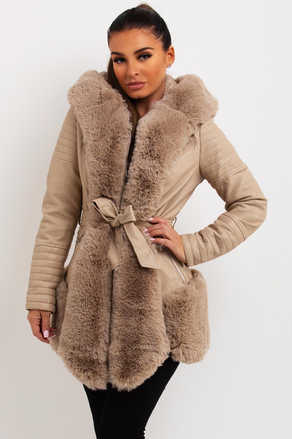 faux fur panels faux leather jacket with hood womens