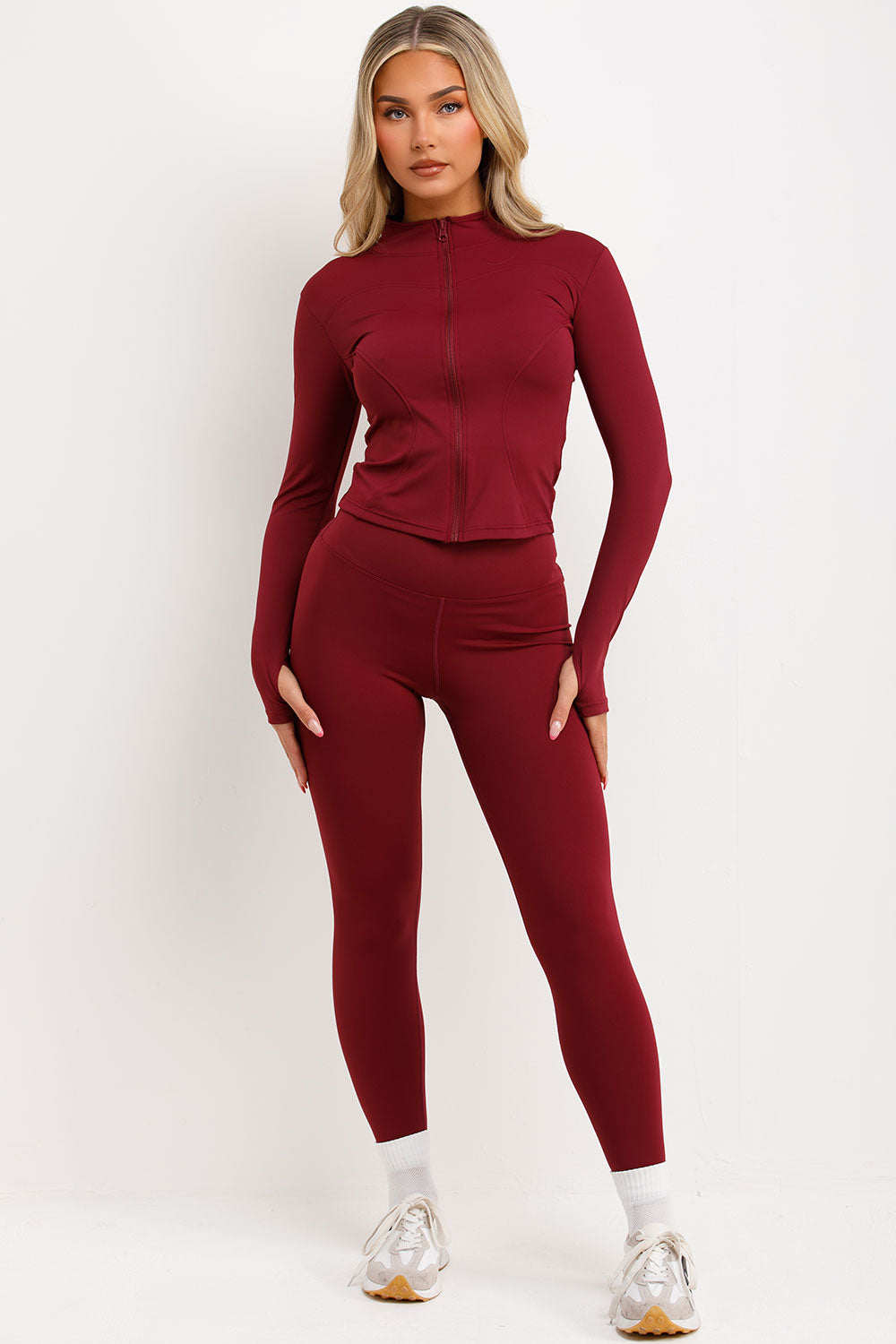 zip up sports jacket and leggings two piece co ord set burgundy
