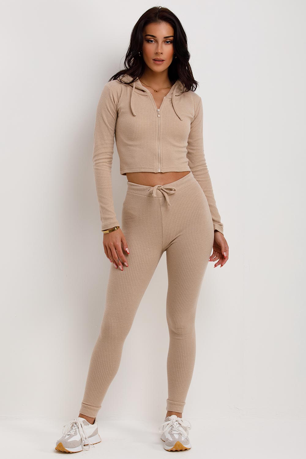 womens rib crop zip hoodie and leggings tracksuit set
