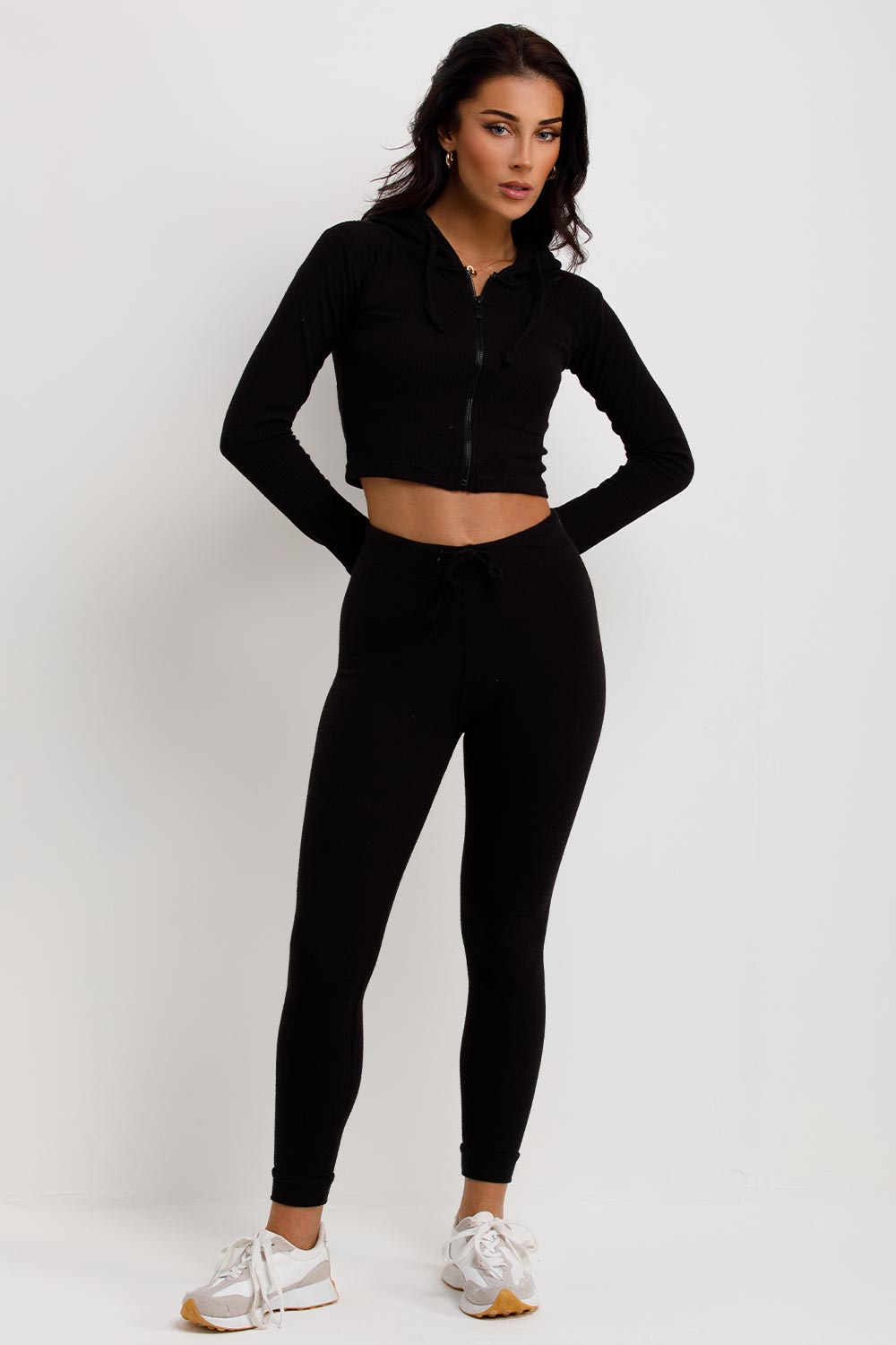black crop rib hoodie and leggings tracksuit set