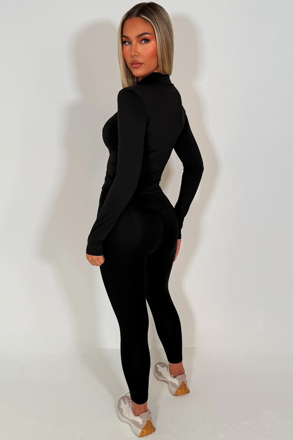 womens zip up sports jacket and leggings two piece set lululemon activewear black gym co ord