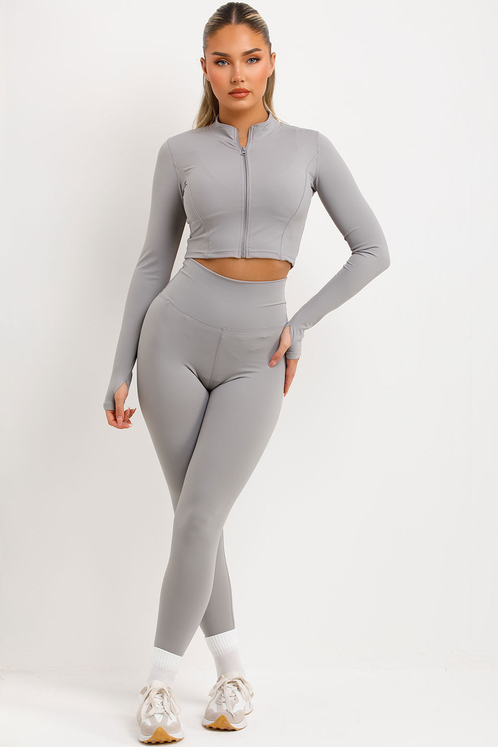 womens sport zip up jacket bralette and leggings three piece matching outfit set