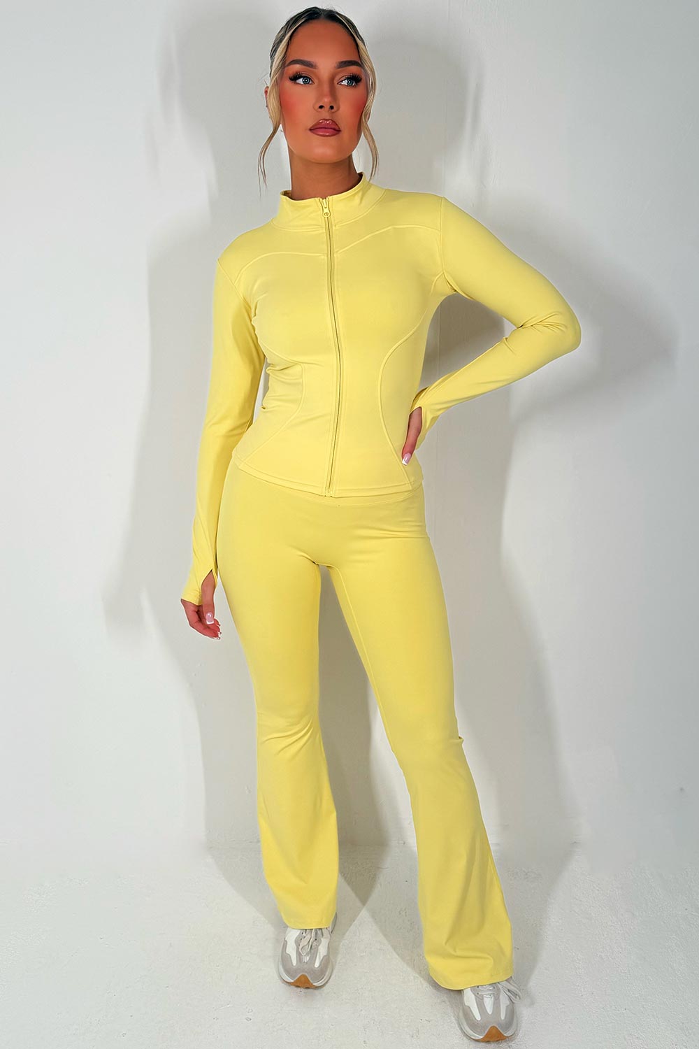 skinny flare scrunch bum trousers and zip up sports jacket two piece matching set skims uk