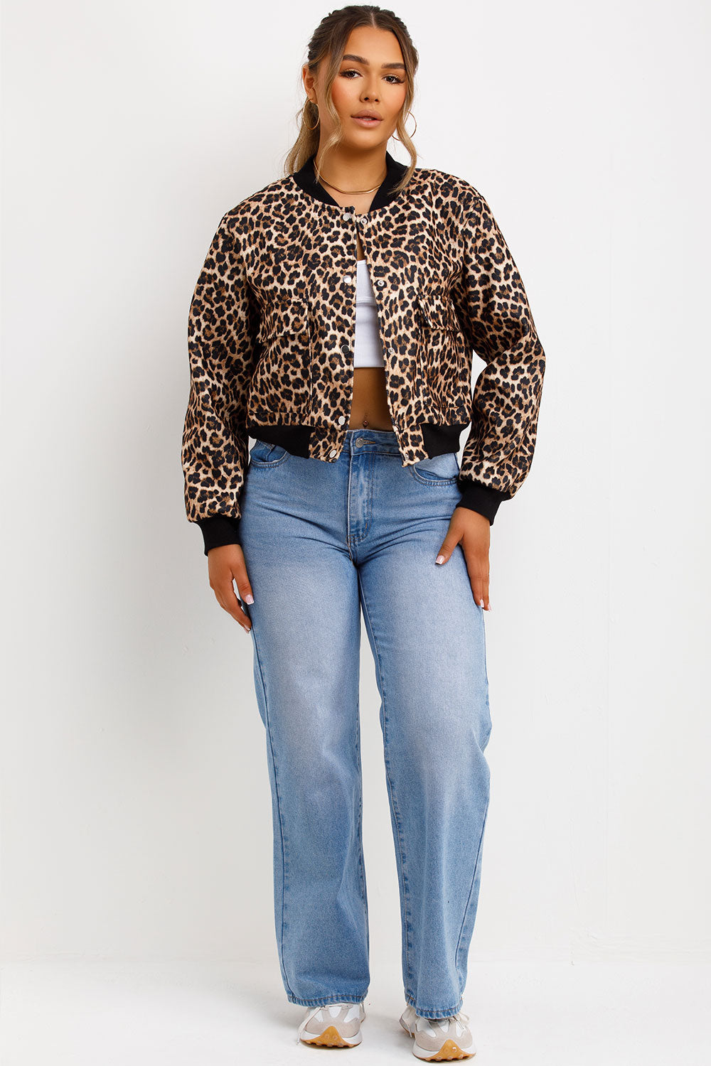 leopard print bomber jacket styled up