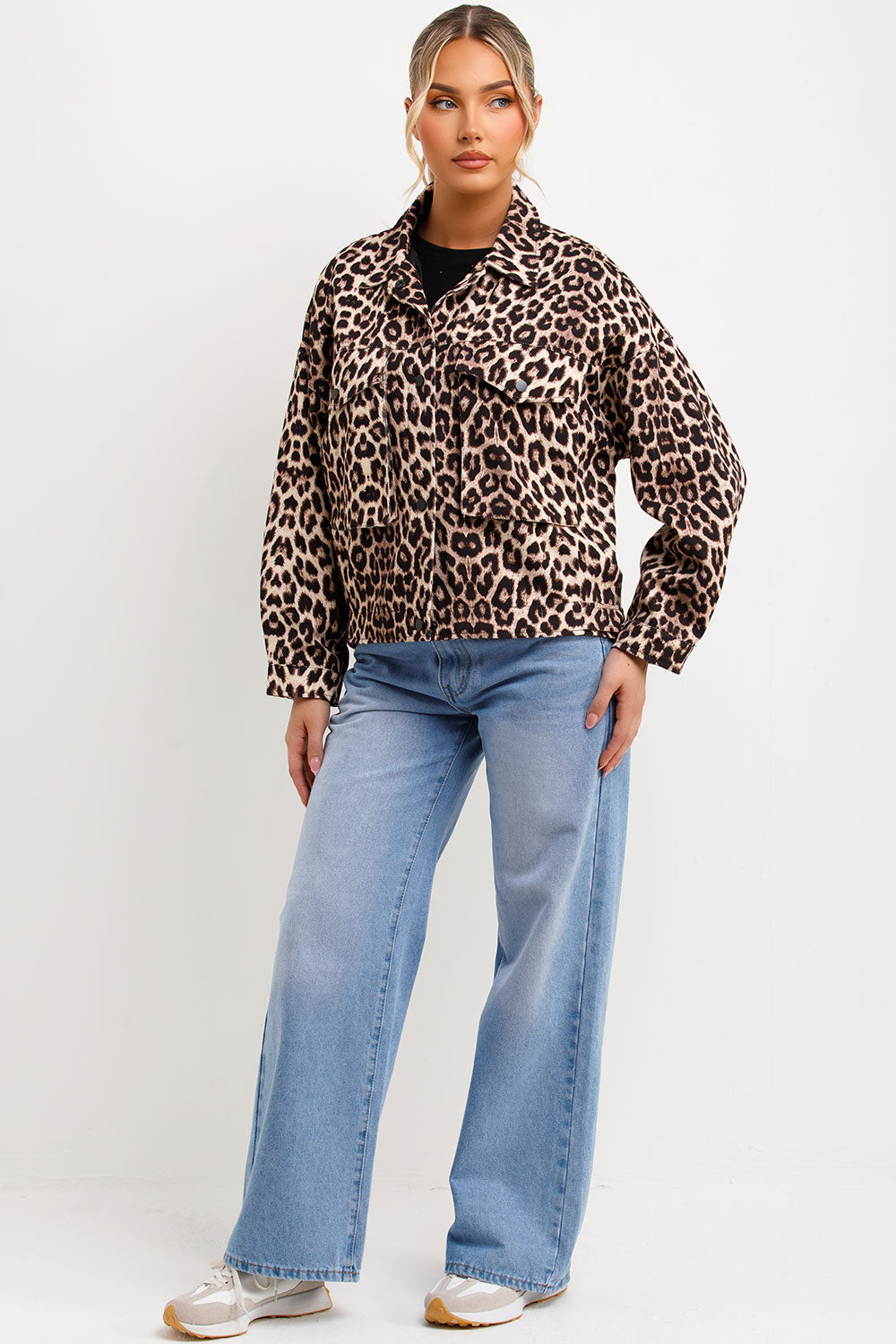 womens leopard print pocket front trucker jacket