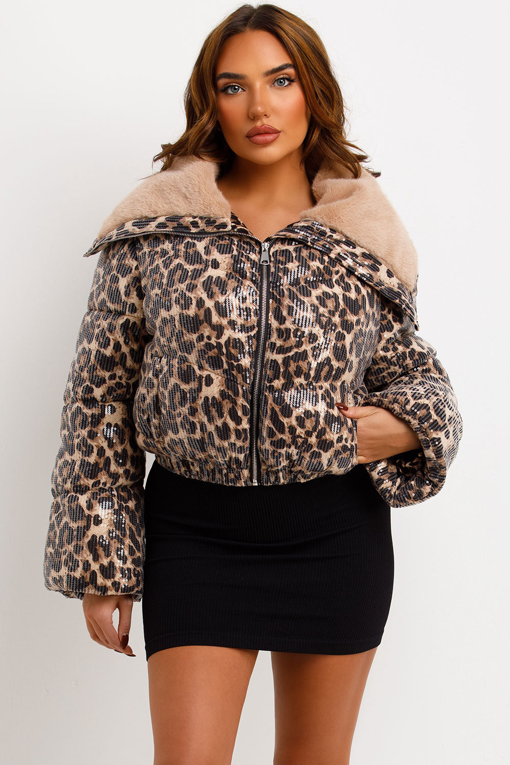 puffer jacket with faux fur collar in leopard print womens outerwear