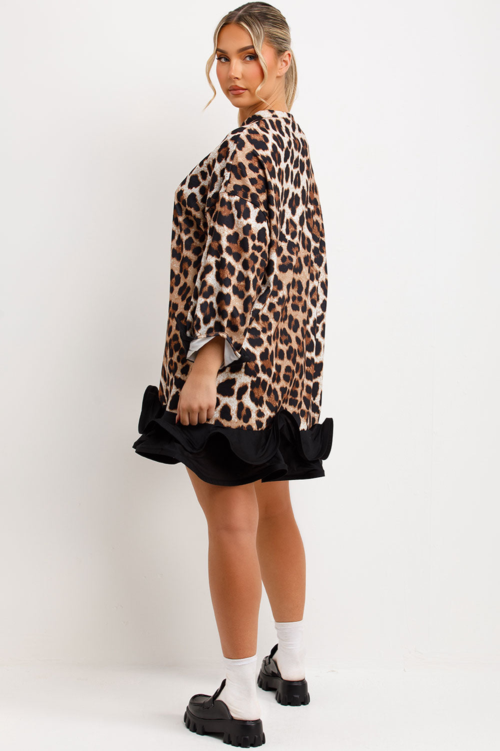 womens leopard print sweatshirt dress with frill hem long sleeves going out winter outfit
