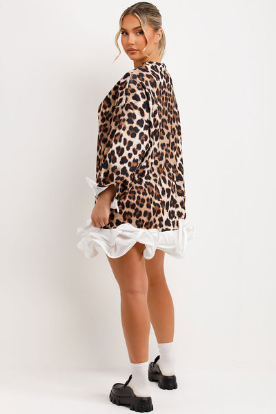 Light French Beige Leopard Print Contrast Trim Long Sleeve Shirt Drawstring Ruffle Hem Short Set main image 0