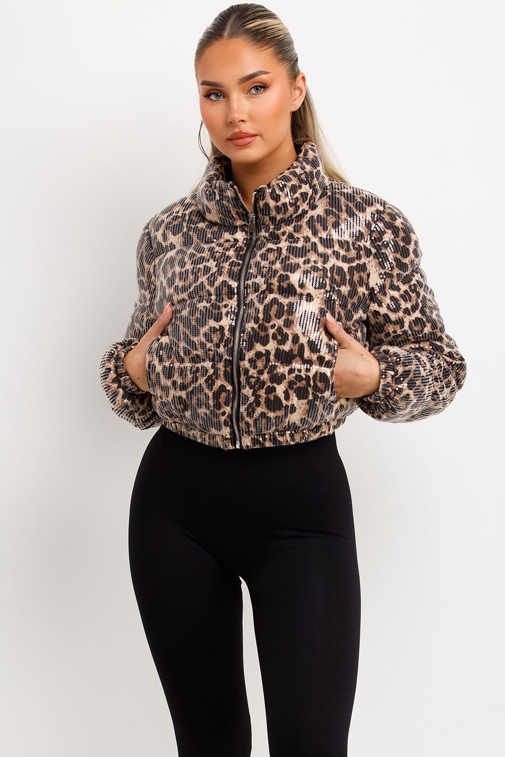womens sequin puffer jacket animal print cropped
