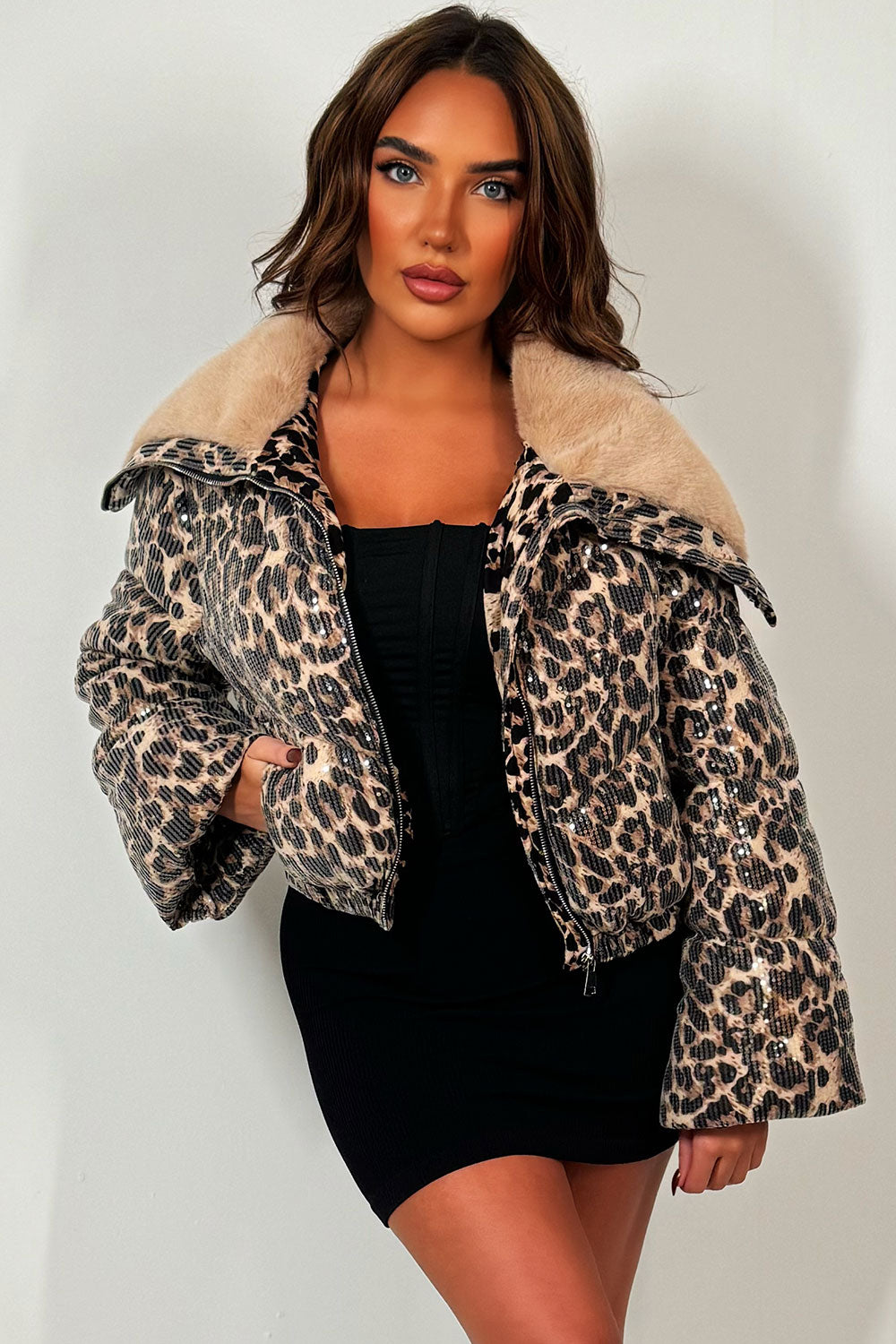 sequin leopard print puffer jacket for womens