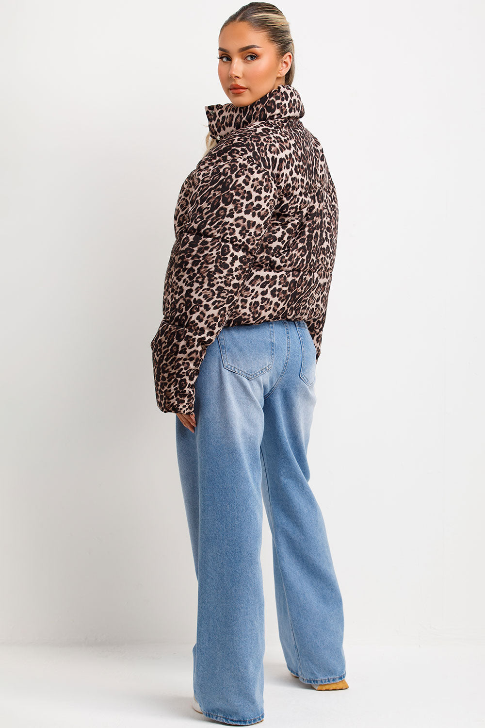 womens leopard print puffer padded jacket with zip and button fastening