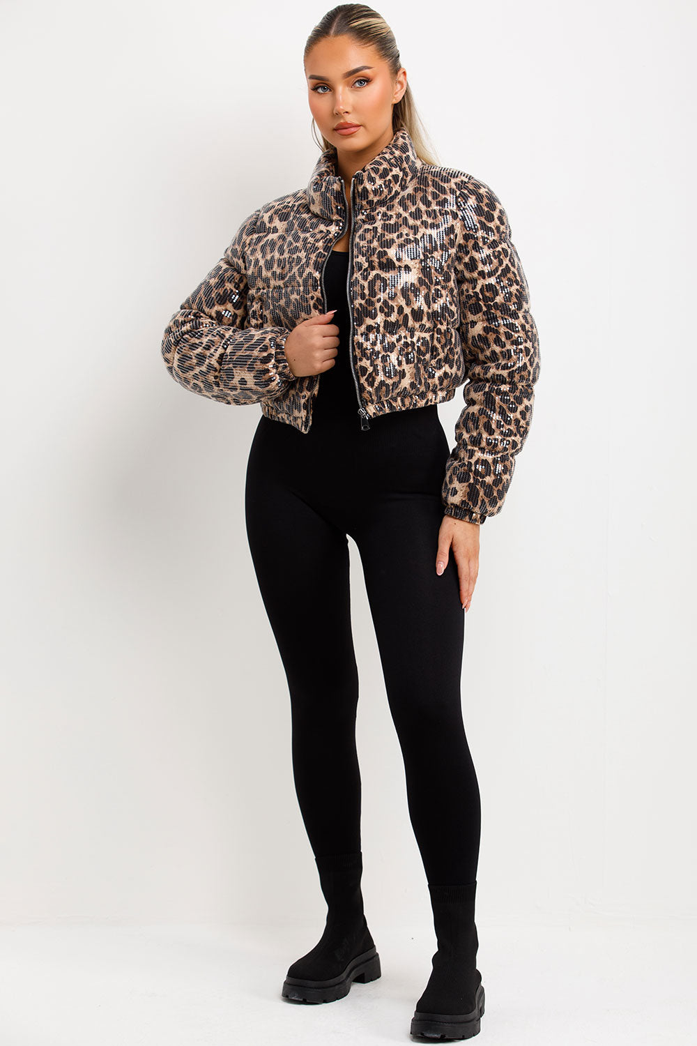 womens sequin leopard print puffer jacket cropped