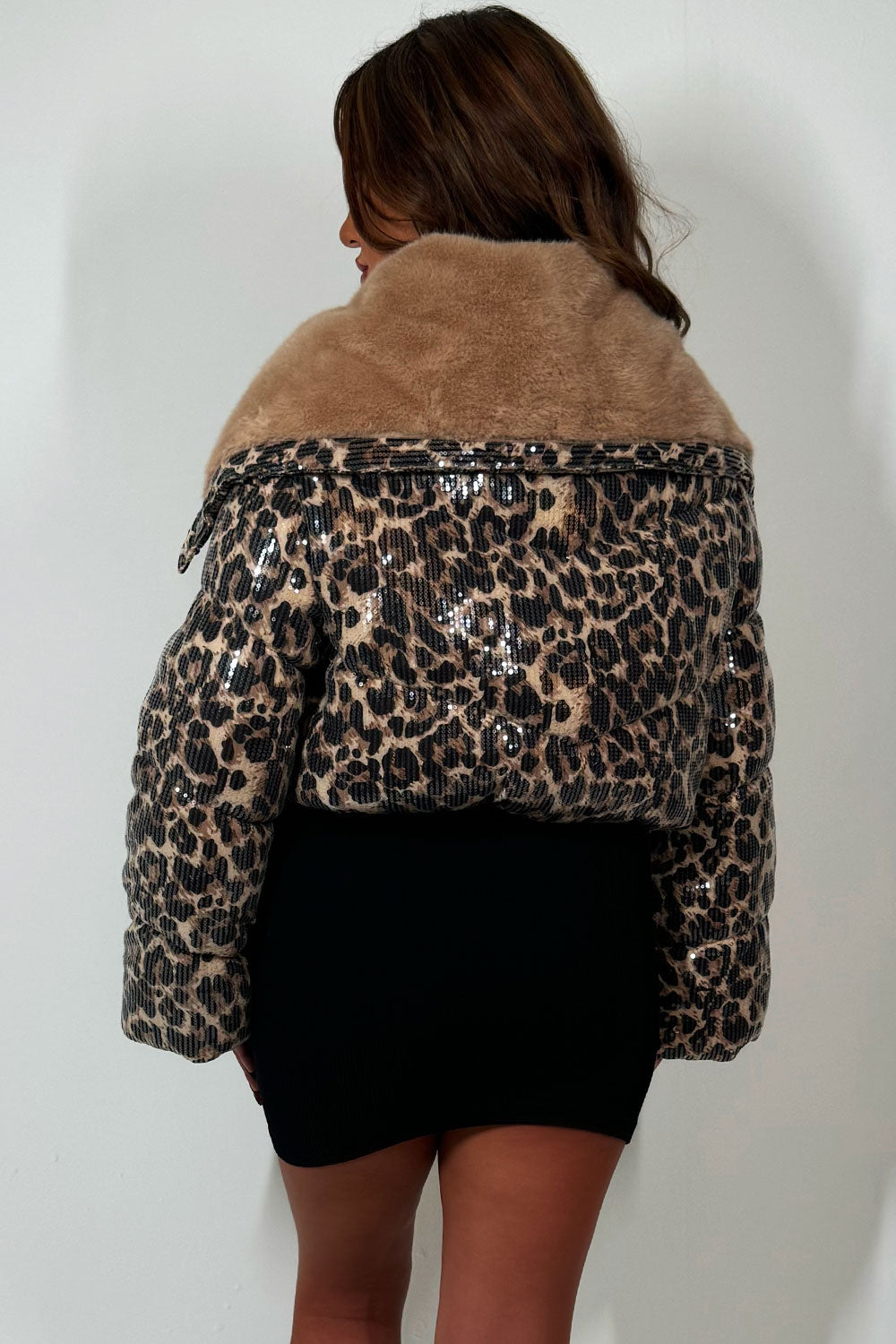 faux fur collar sequin leopard print puffer jacket womens outerwear