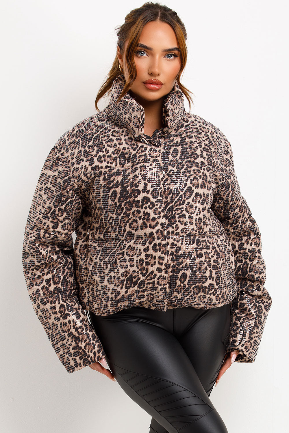 puffer padded leopard print jacket with sequin