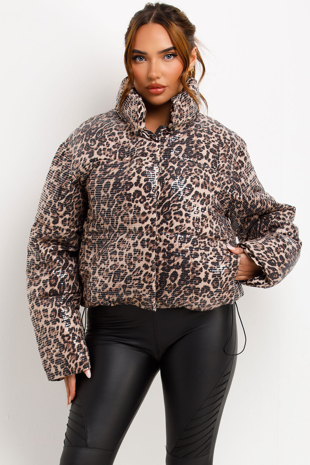 womens leopard print sequin puffer padded jacket womens outerwear