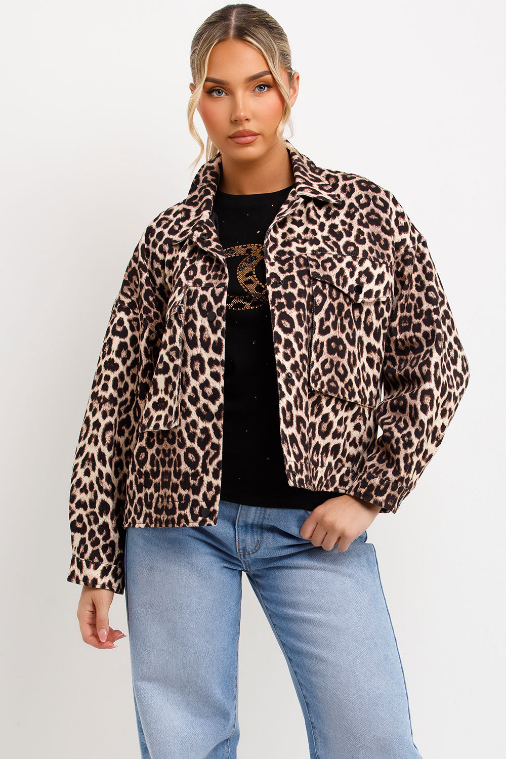 womens leopard print jacket with front pockets