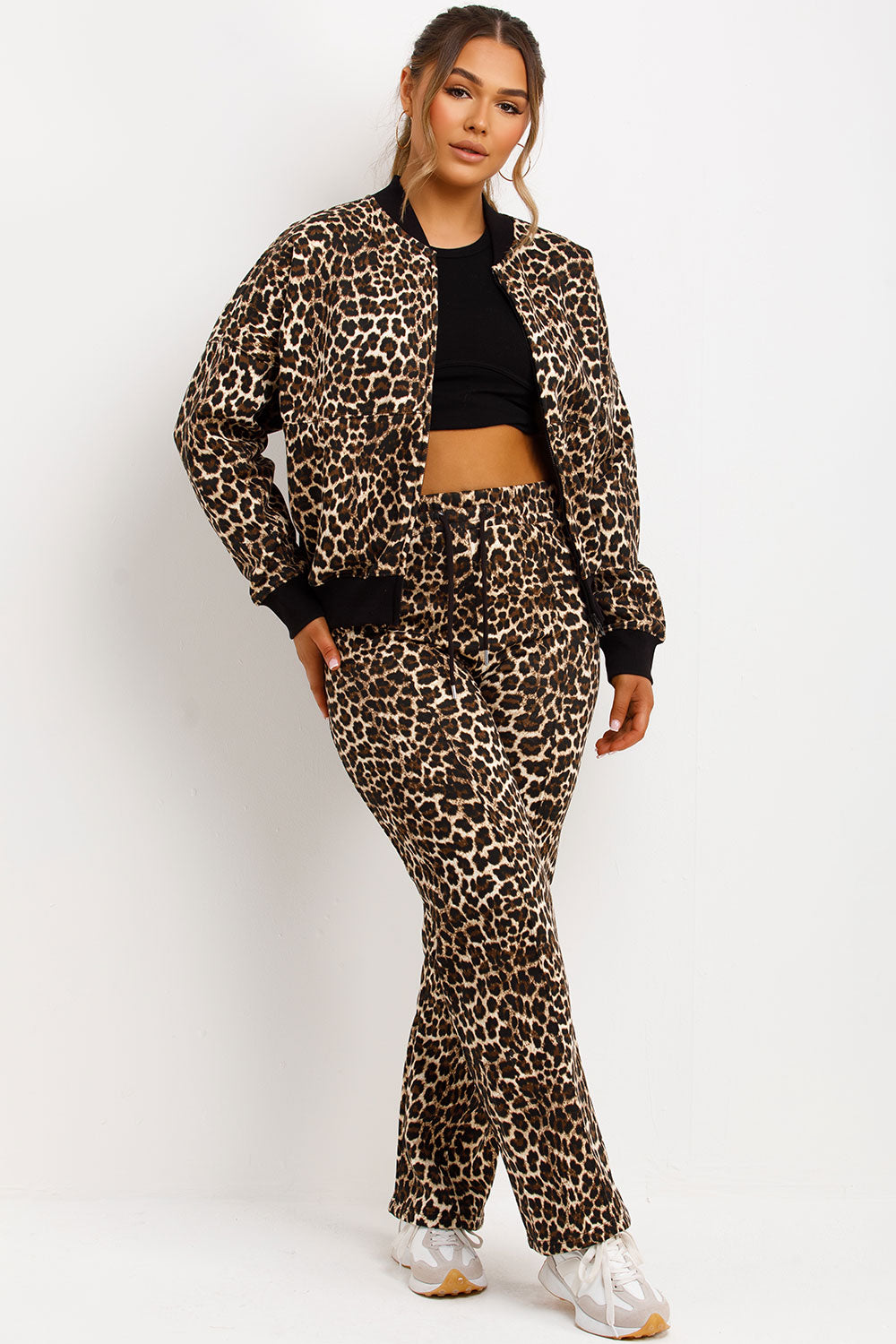 leopard print bomber jacket co ord loungewear set womens