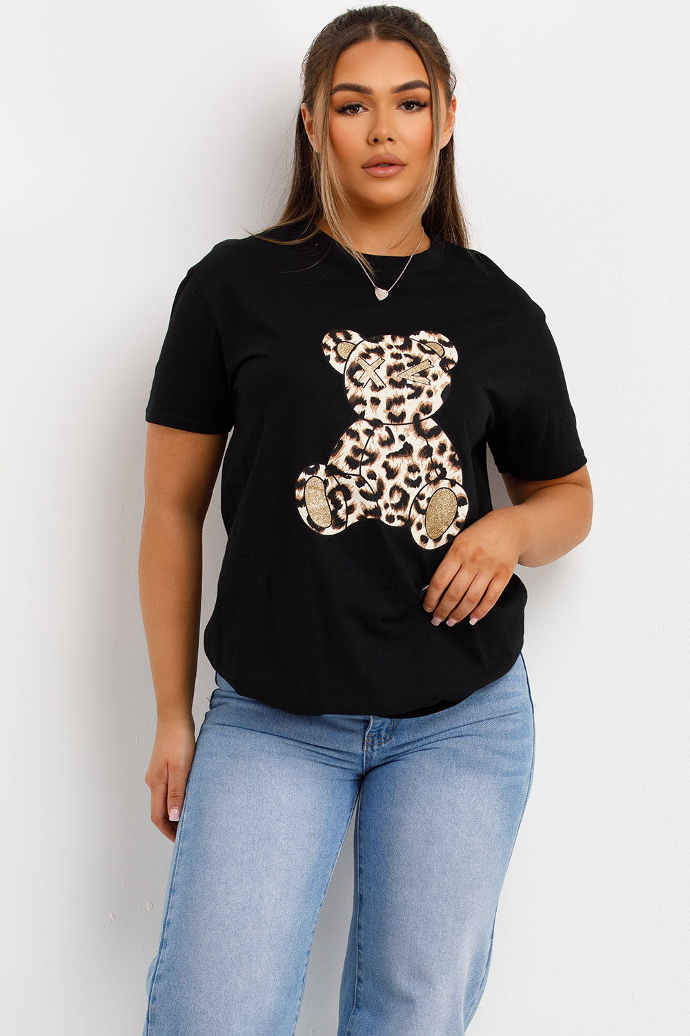 leopard print teddy bear t shirt womens