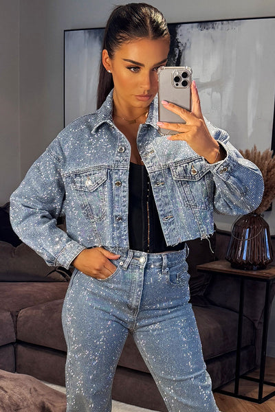 Women's Diamante Rhinestone Denim Blue Jacket Zara Inspired