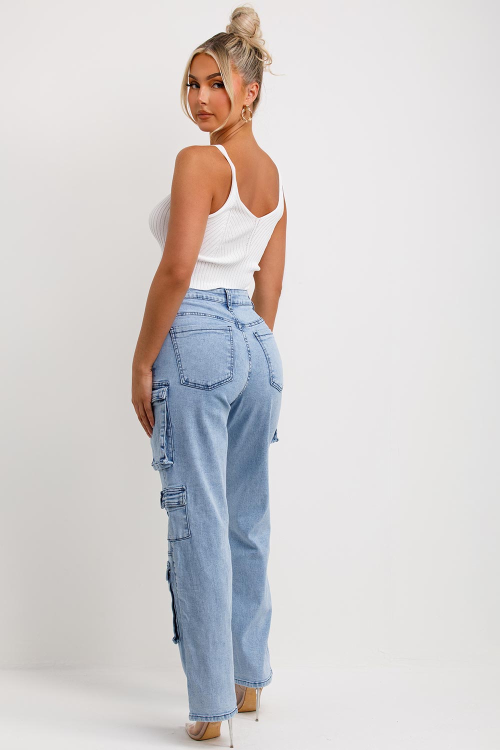 womens cargo jeans light wash denim blue