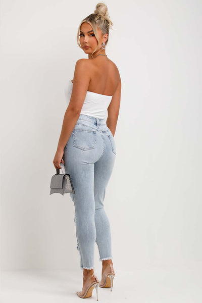 Women's Ripped Skinny Jeans With Diamante Detail Light Wash