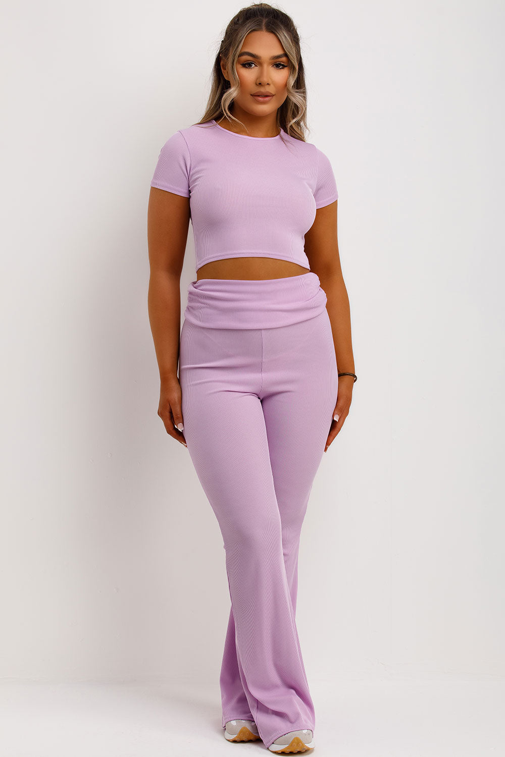 skinny flared trousers with fold over detail and crop top co order set