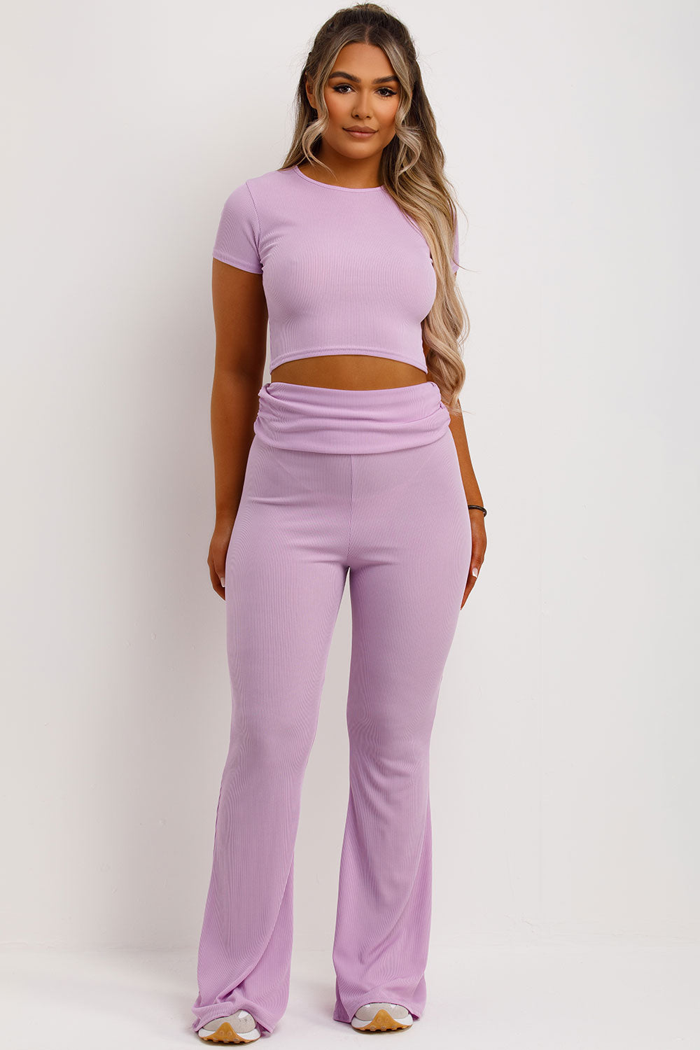 flared ribbed trousers with fold detail and crop top two piece matching set