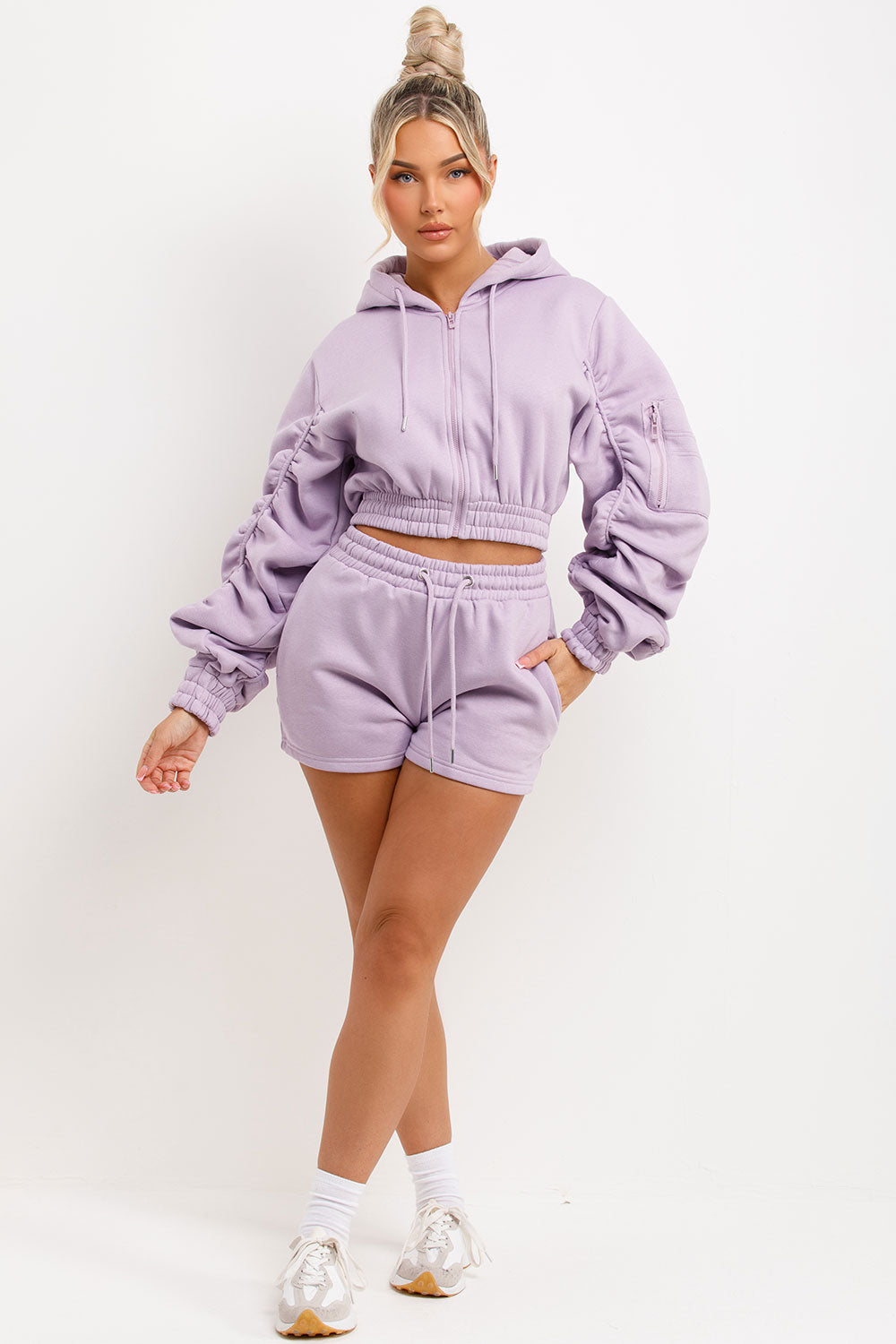 womens runner shorts and crop zip hoodie with ruched sleeves two piece tracksuit set for summer
