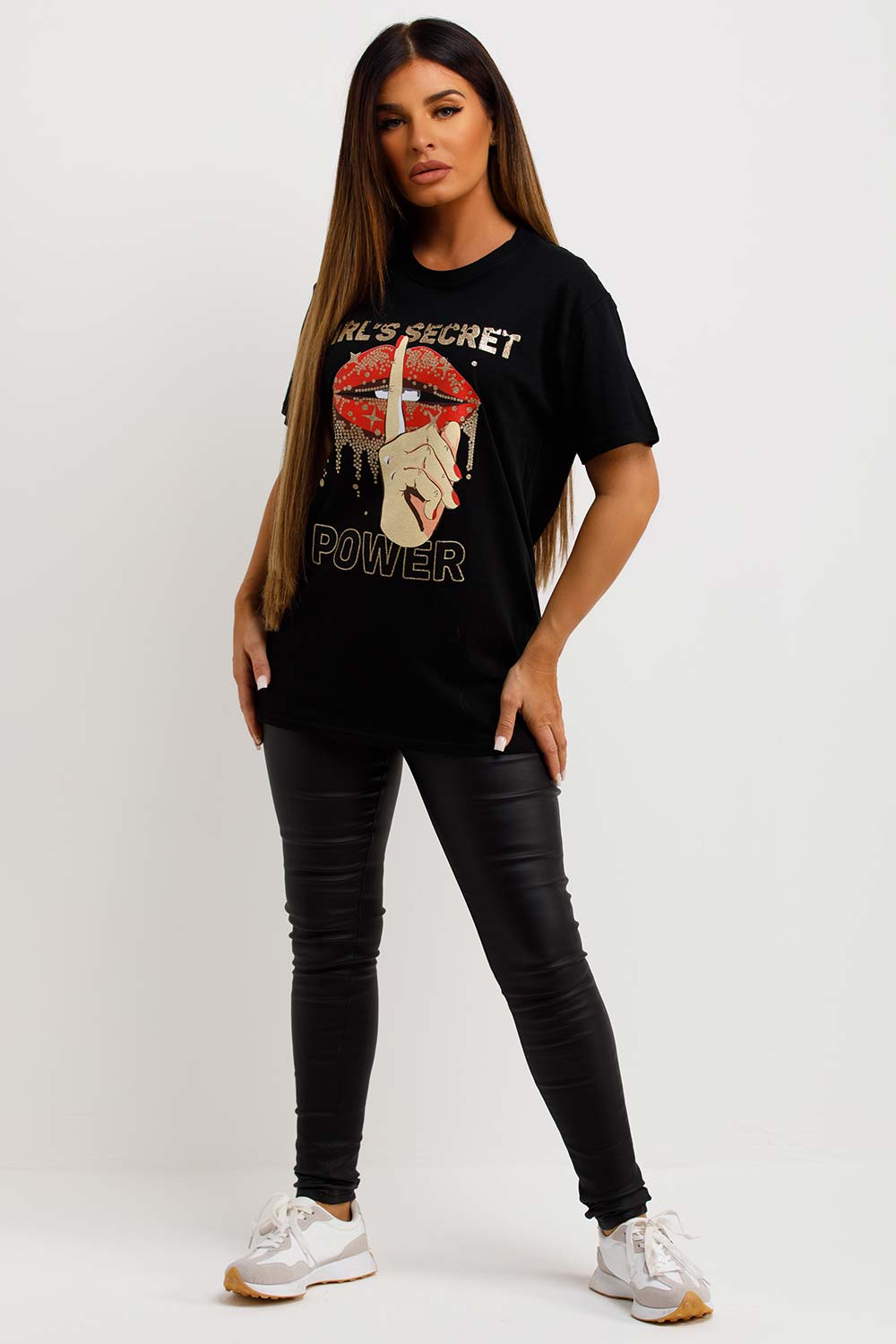 womens black t shirt with girls secret lips graphic slogan