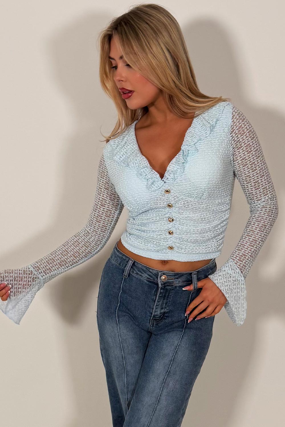 frilly ruffle long sleeve top with gold buttons for womens summer holiday clothes styledup uk