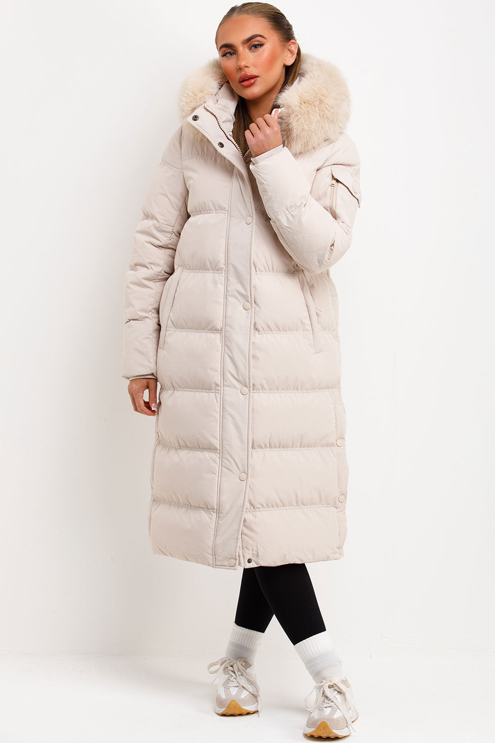 womens long beige padded puffer down coat