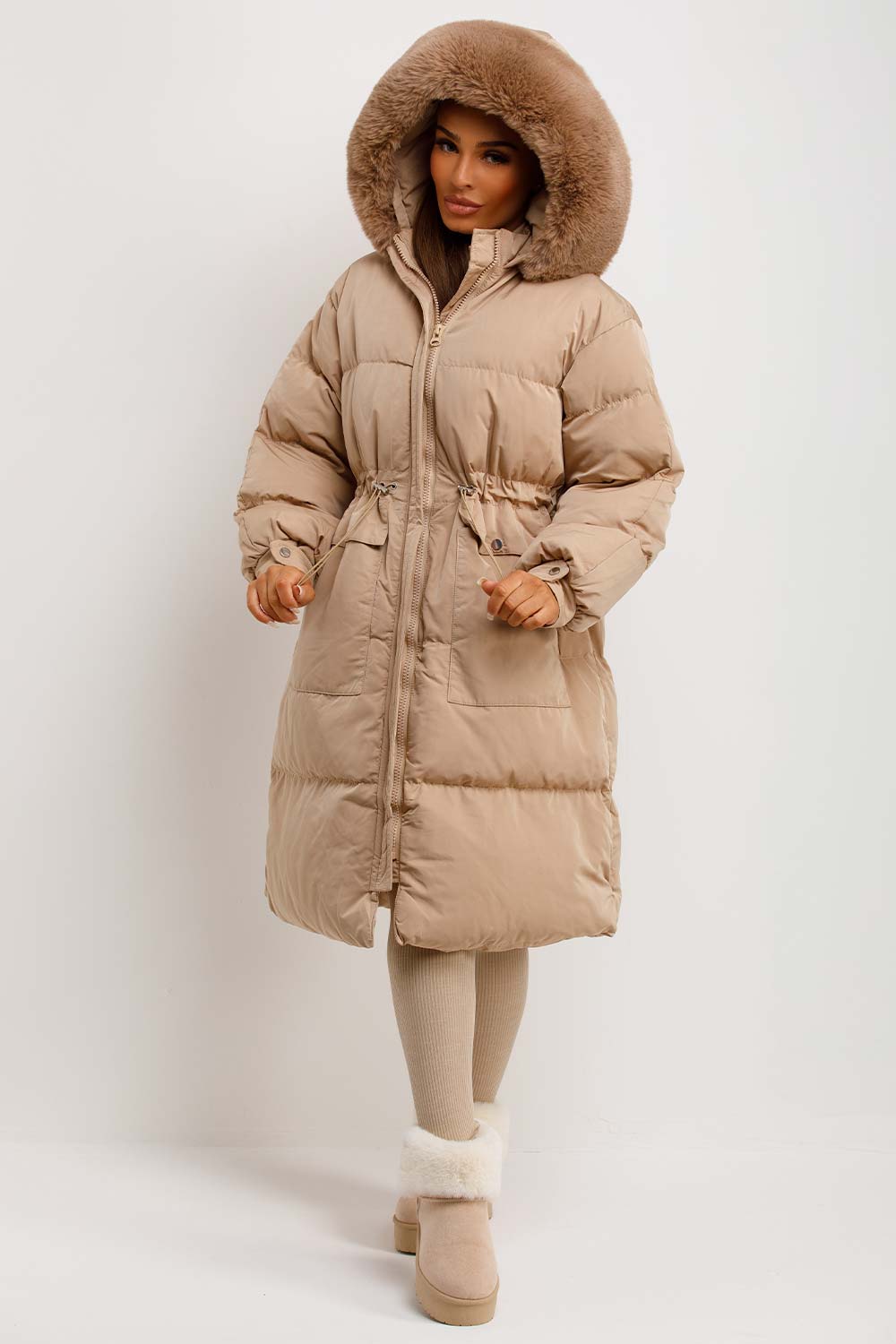 faux fur hood long puffer coat womens