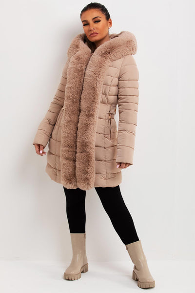 3530147 Beige Faux Fur Hooded Puffer Coat