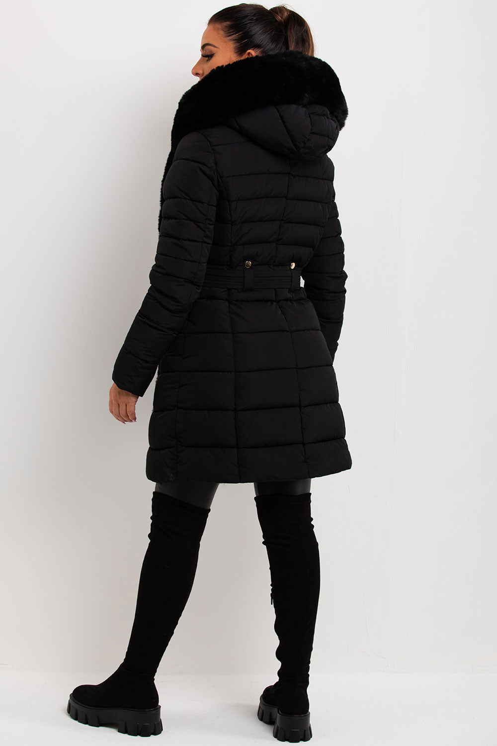 long puffer coat with faux fur hood and trim sale womens uk