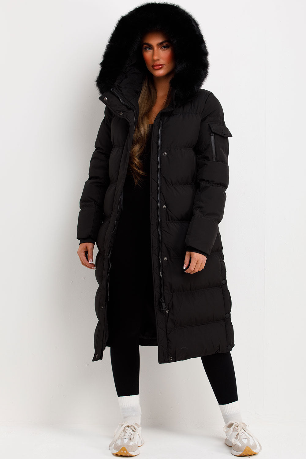 womens black faux fur hood coat for winter