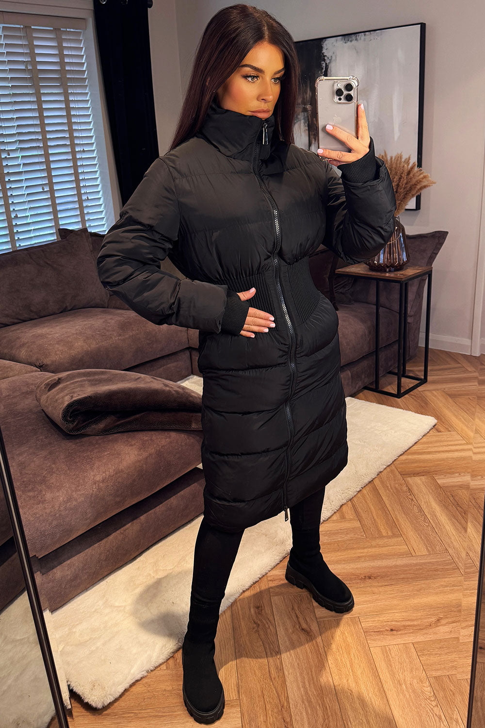 womens puffer padded winter coat with ribbed contour detail