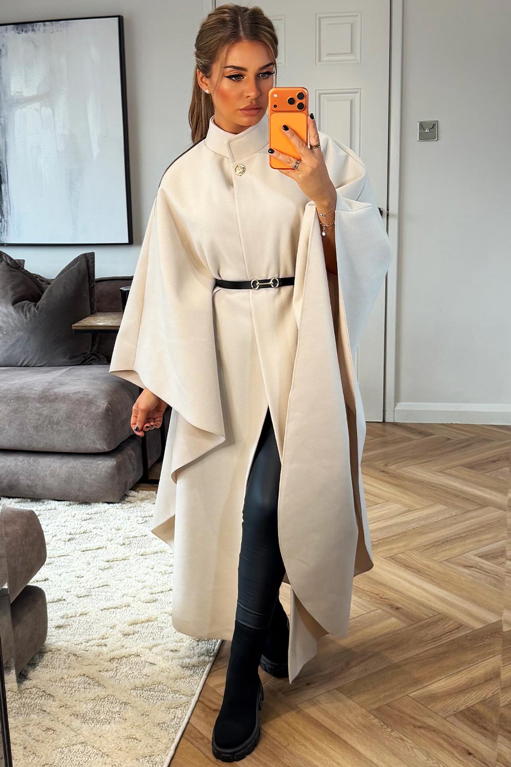 womens cape with belt beige styledup