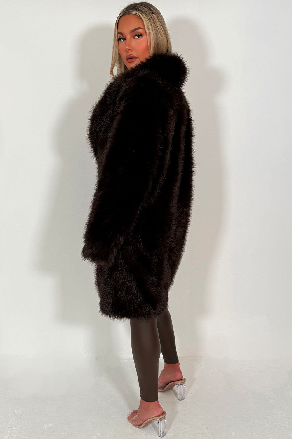 womens long faux fur coat brown styledup winter outerwear