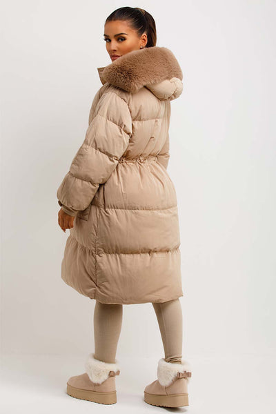 Long Puffer Coat With Faux Fur Hood And Drawstring Waist Beige
