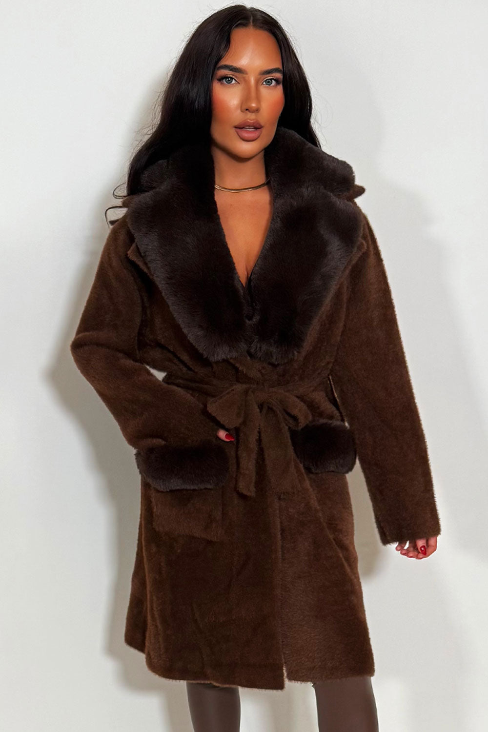 womens faux fur collar faux fur cuff belted long coat christmas outerwear styledup