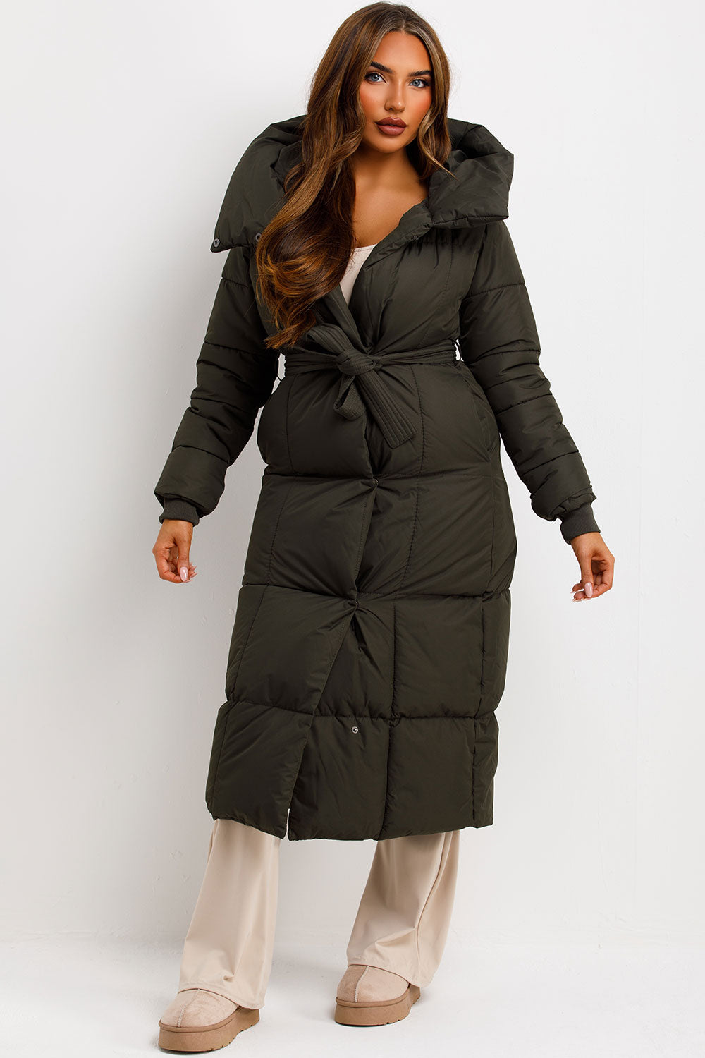 long padded puffer hooded coat womens