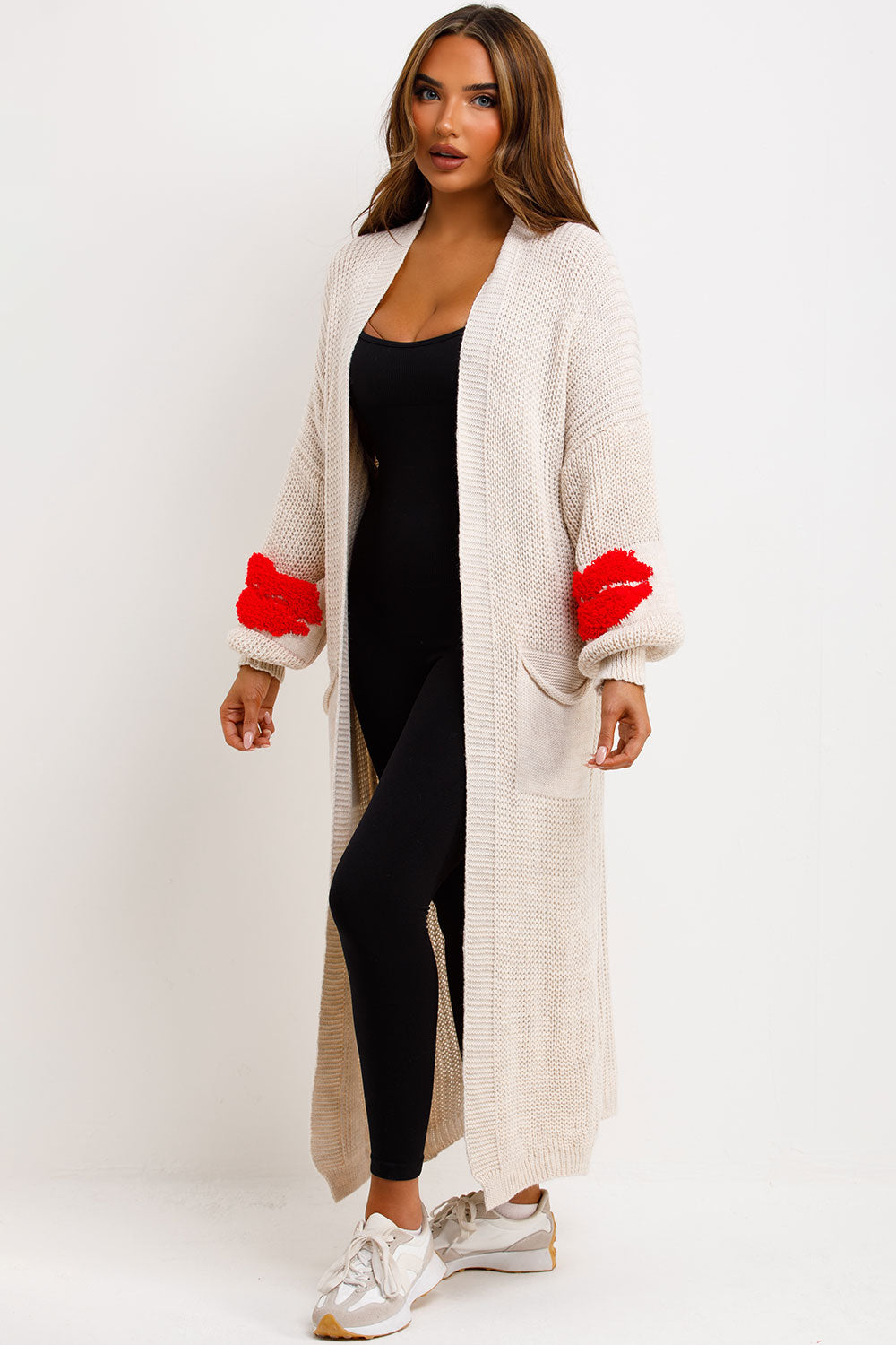 long knitted cardigan with lips detail on sleeves