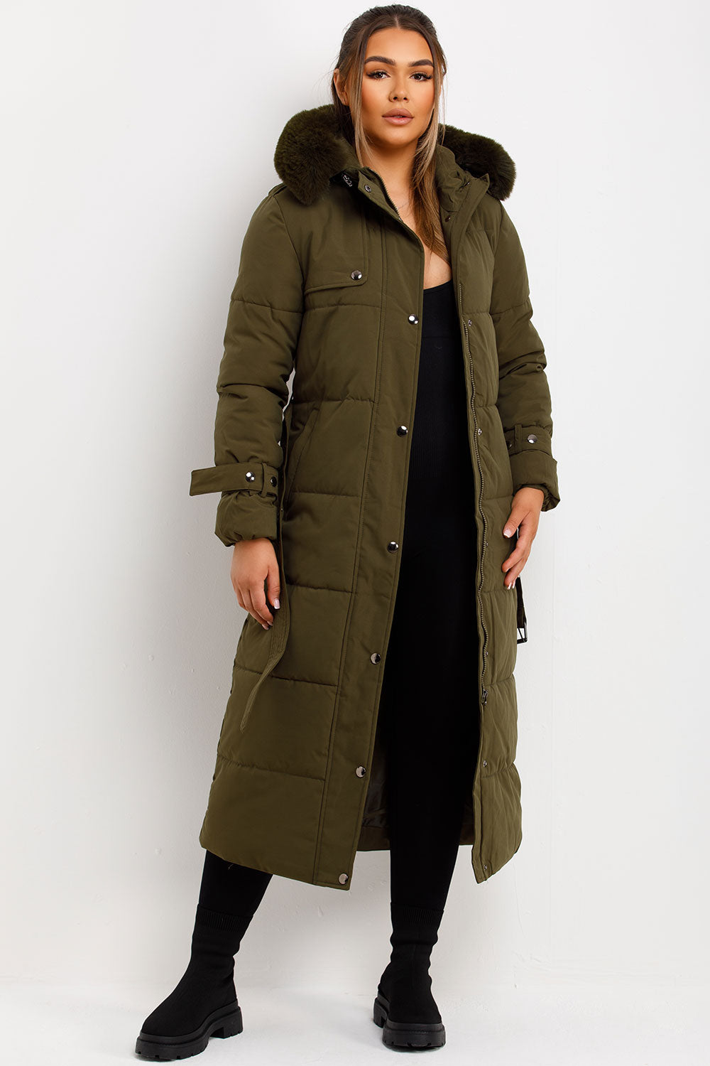 longline padded puffer coat with fur hood and waist belt khaki
