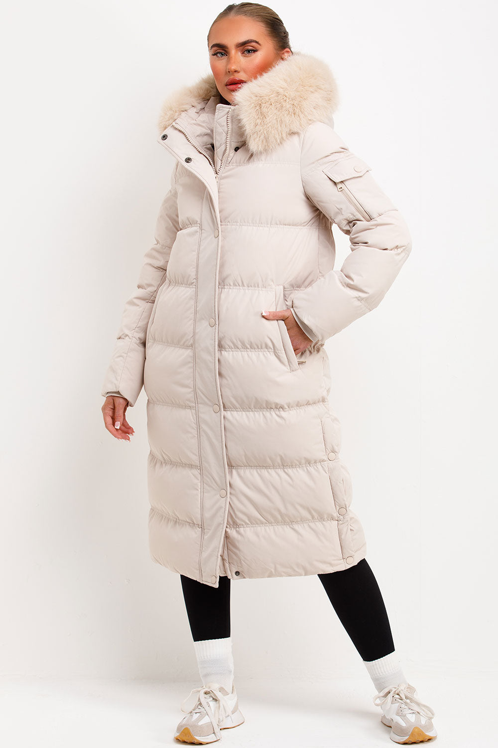 faux fur hood long puffer down coat beige